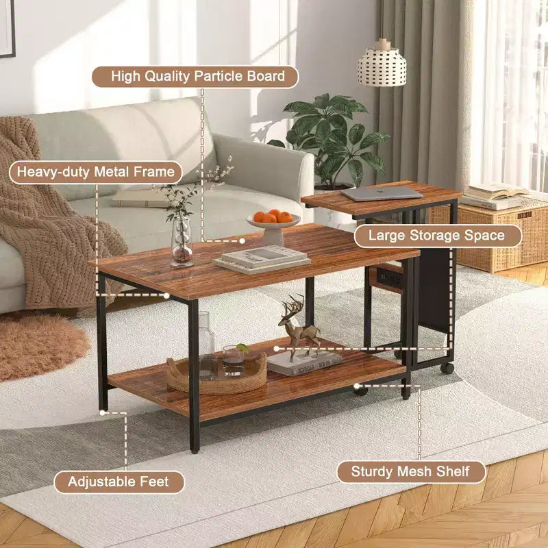 VECELO Lot de 2 tables basses gigognes, tables réglables pour salon, ensemble de tables gigognes avec ports USB et roulettes, marron