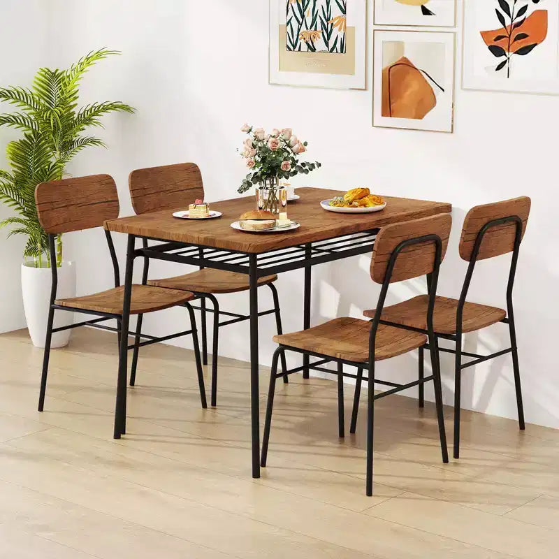 Ensemble table et 4 chaises de cuisine carrées Costway 5 pièces en bois avec étagère de rangement à cadre métallique