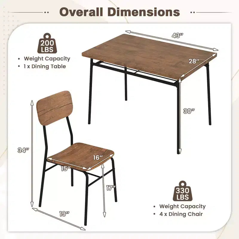 Ensemble table et 4 chaises de cuisine carrées Costway 5 pièces en bois avec étagère de rangement à cadre métallique