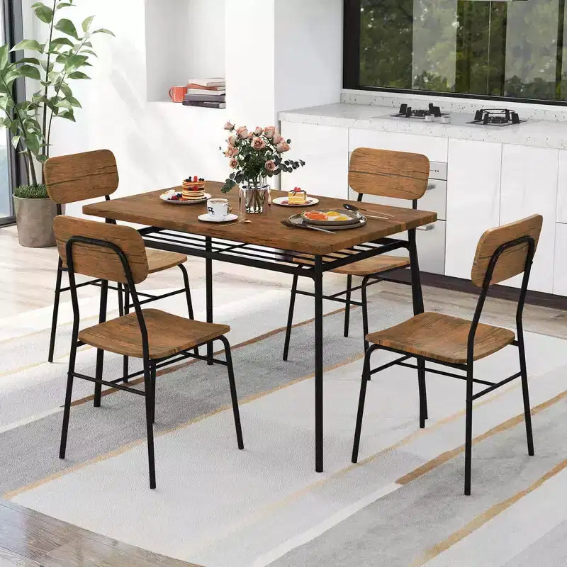 Ensemble table et 4 chaises de cuisine carrées Costway 5 pièces en bois avec étagère de rangement à cadre métallique