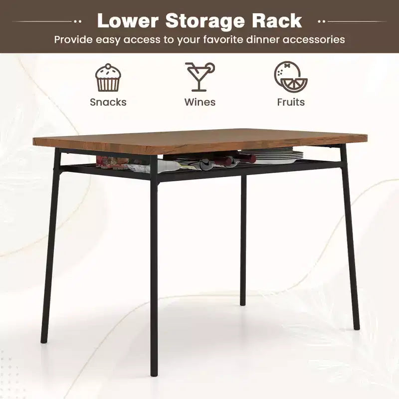 Ensemble table et 4 chaises de cuisine carrées Costway 5 pièces en bois avec étagère de rangement à cadre métallique