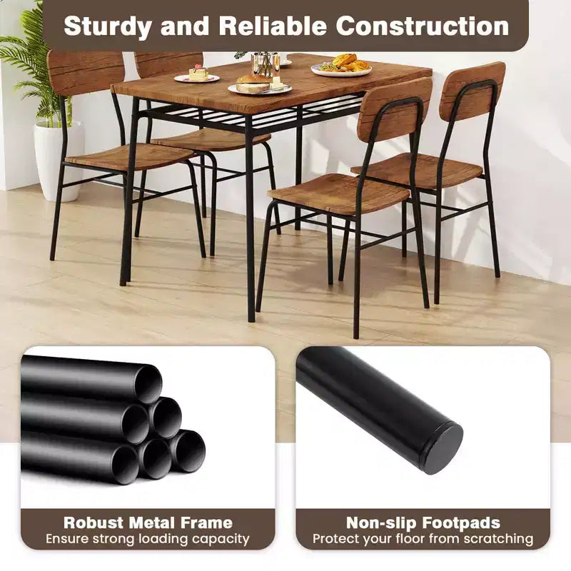 Ensemble table et 4 chaises de cuisine carrées Costway 5 pièces en bois avec étagère de rangement à cadre métallique