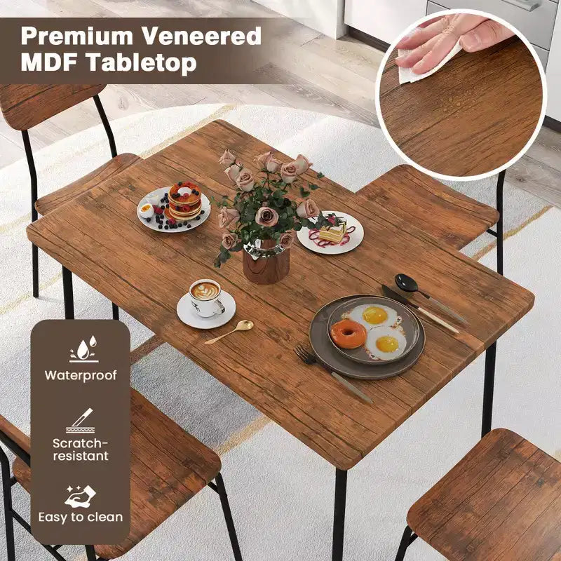 Ensemble table et 4 chaises de cuisine carrées Costway 5 pièces en bois avec étagère de rangement à cadre métallique
