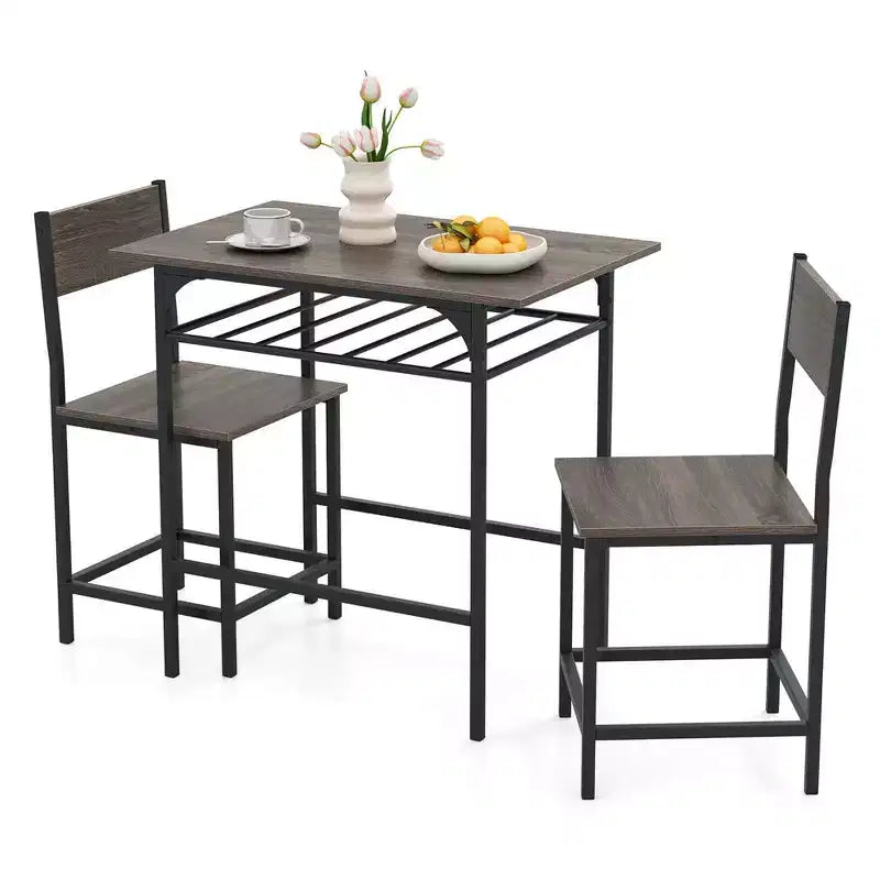 Costway Ensemble table et chaises de salle à manger rectangulaire 3 pièces en bois avec cadre en métal marron/gris