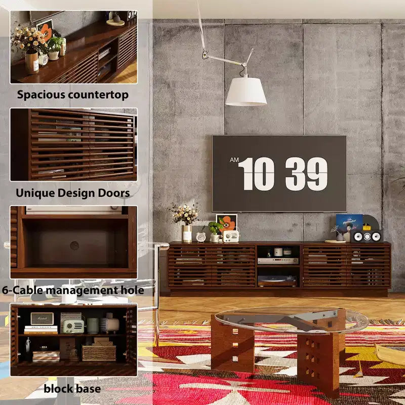 Meuble TV console multimédia Famapy en marron rustique à lattes avec grand espace de rangement
