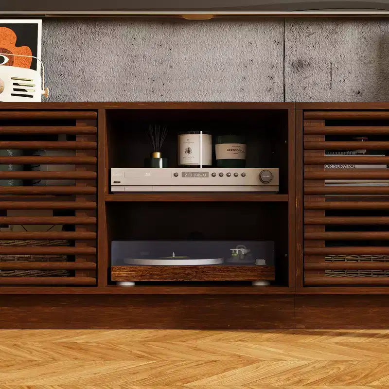 Meuble TV console multimédia Famapy en marron rustique à lattes avec grand espace de rangement