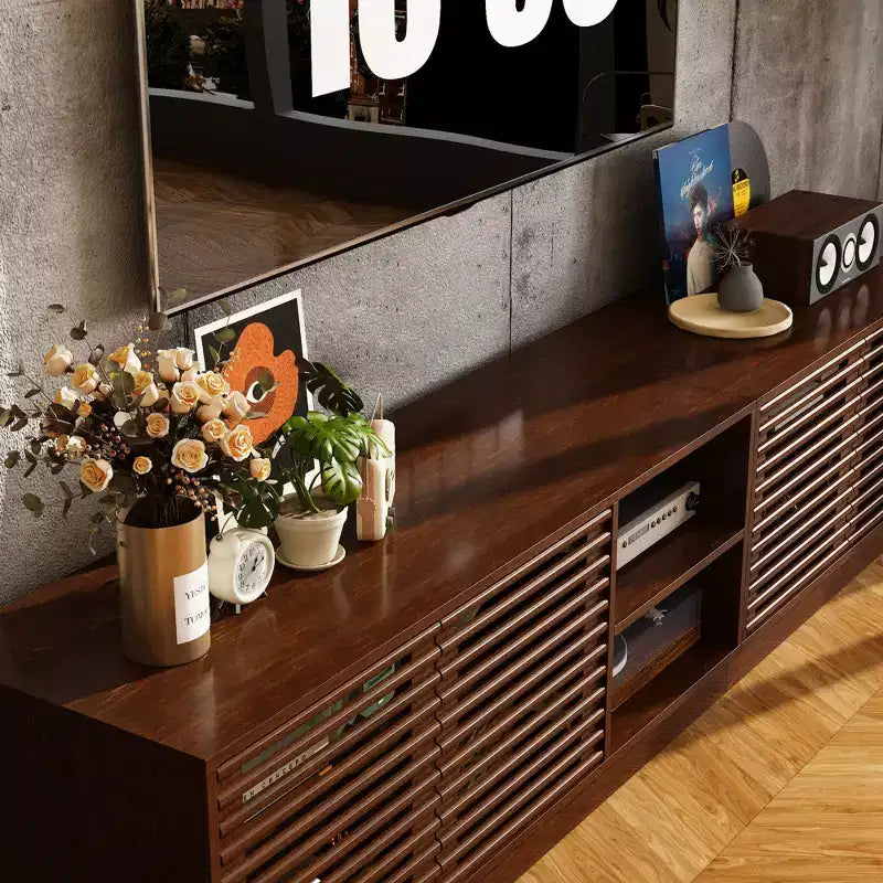 Meuble TV console multimédia Famapy en marron rustique à lattes avec grand espace de rangement