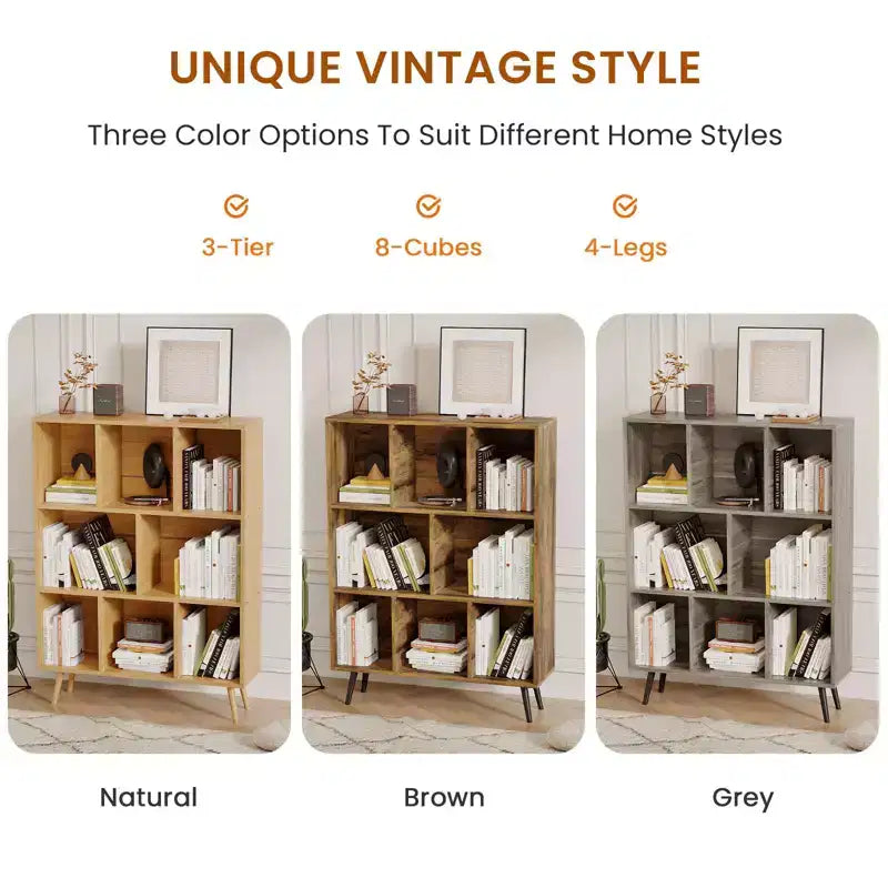 Hyleory Étagère Décorative de 80 cm, Bibliothèque, Étagère de Rangement à 3 Niveaux et 8 Modules avec 4 Pieds en Bois Massif