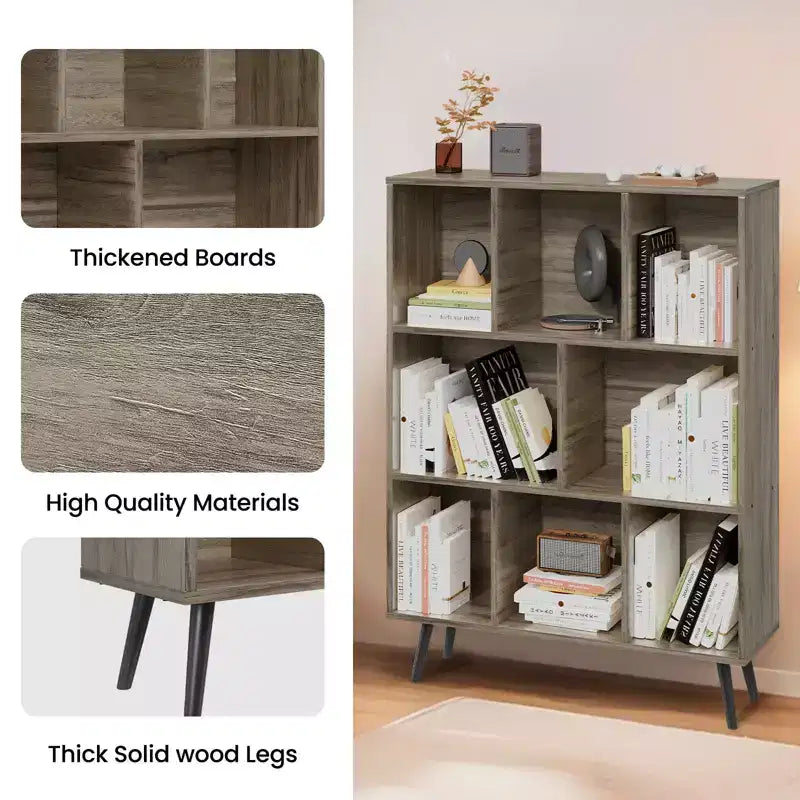 Hyleory Étagère Décorative de 80 cm, Bibliothèque, Étagère de Rangement à 3 Niveaux et 8 Modules avec 4 Pieds en Bois Massif