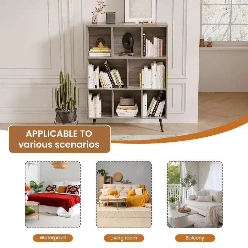 Hyleory Étagère Décorative de 80 cm, Bibliothèque, Étagère de Rangement à 3 Niveaux et 8 Modules avec 4 Pieds en Bois Massif