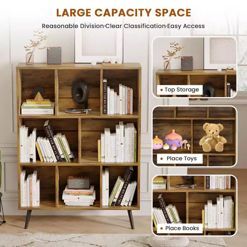 Hyleory Étagère Décorative de 80 cm, Bibliothèque, Étagère de Rangement à 3 Niveaux et 8 Modules avec 4 Pieds en Bois Massif