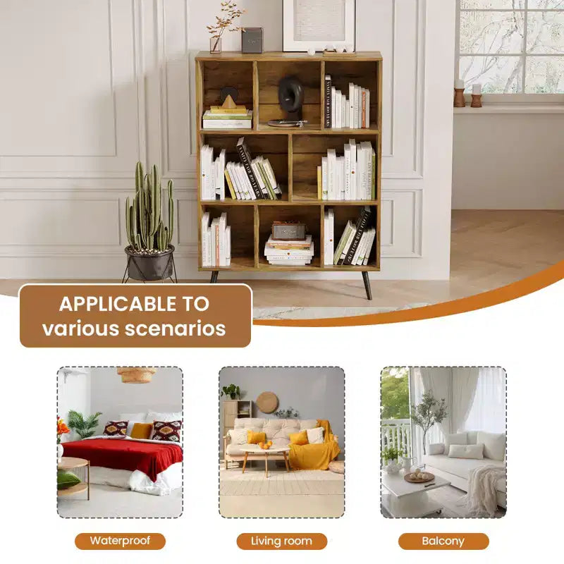 Hyleory Étagère Décorative de 80 cm, Bibliothèque, Étagère de Rangement à 3 Niveaux et 8 Modules avec 4 Pieds en Bois Massif