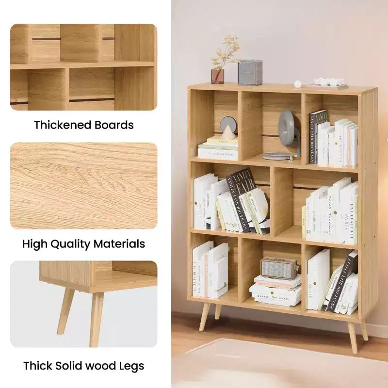 Hyleory Étagère Décorative de 80 cm, Bibliothèque, Étagère de Rangement à 3 Niveaux et 8 Modules avec 4 Pieds en Bois Massif