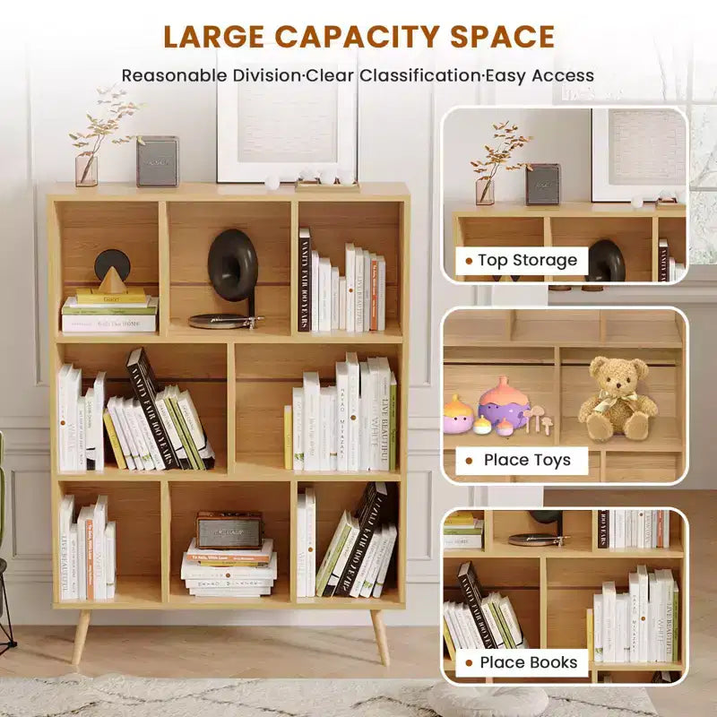 Hyleory Étagère Décorative de 80 cm, Bibliothèque, Étagère de Rangement à 3 Niveaux et 8 Modules avec 4 Pieds en Bois Massif