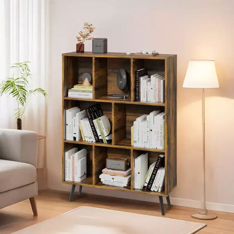 Hyleory Étagère Décorative de 80 cm, Bibliothèque, Étagère de Rangement à 3 Niveaux et 8 Modules avec 4 Pieds en Bois Massif