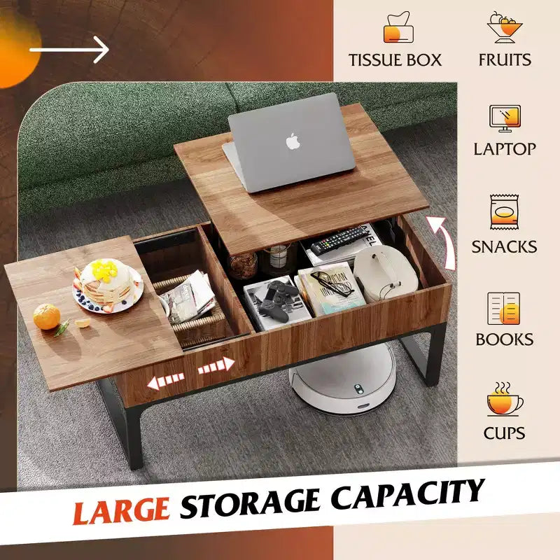 DEXYLLO Table basse relevable en bois pour salon avec rangement, plateau relevable, couvercle coulissant et 2 compartiments cachés, 103,9 cm, Noyer Chêne