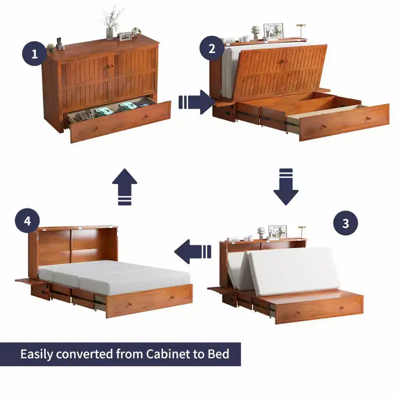 Lit escamotable Mjkone Queen Size avec chargement USB, tiroir de rangement et matelas