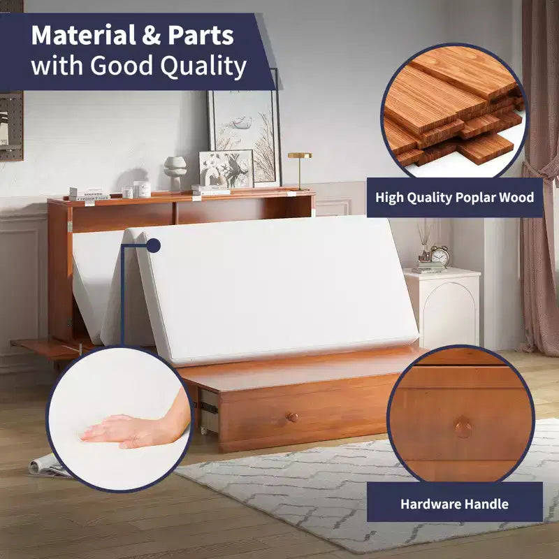Lit escamotable Mjkone Queen Size avec chargement USB, tiroir de rangement et matelas