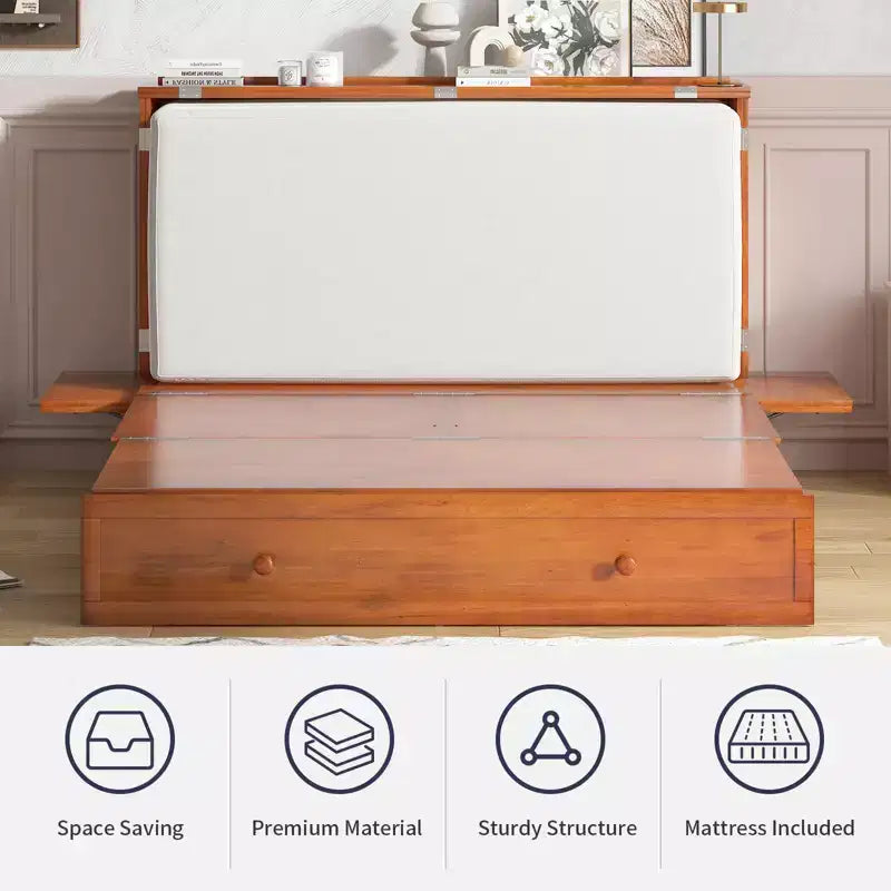 Lit escamotable Mjkone Queen Size avec chargement USB, tiroir de rangement et matelas