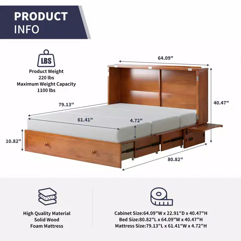 Lit escamotable Mjkone Queen Size avec chargement USB, tiroir de rangement et matelas