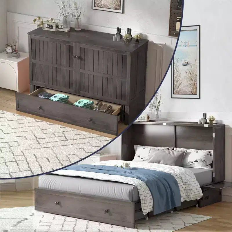Lit escamotable Mjkone Queen Size avec chargement USB, tiroir de rangement et matelas