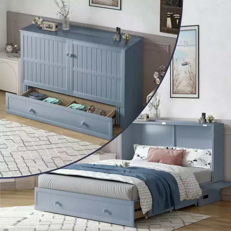 Lit escamotable Mjkone Queen Size avec chargement USB, tiroir de rangement et matelas