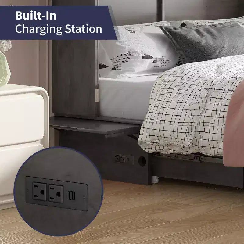 Lit escamotable Mjkone Queen Size avec chargement USB, tiroir de rangement et matelas