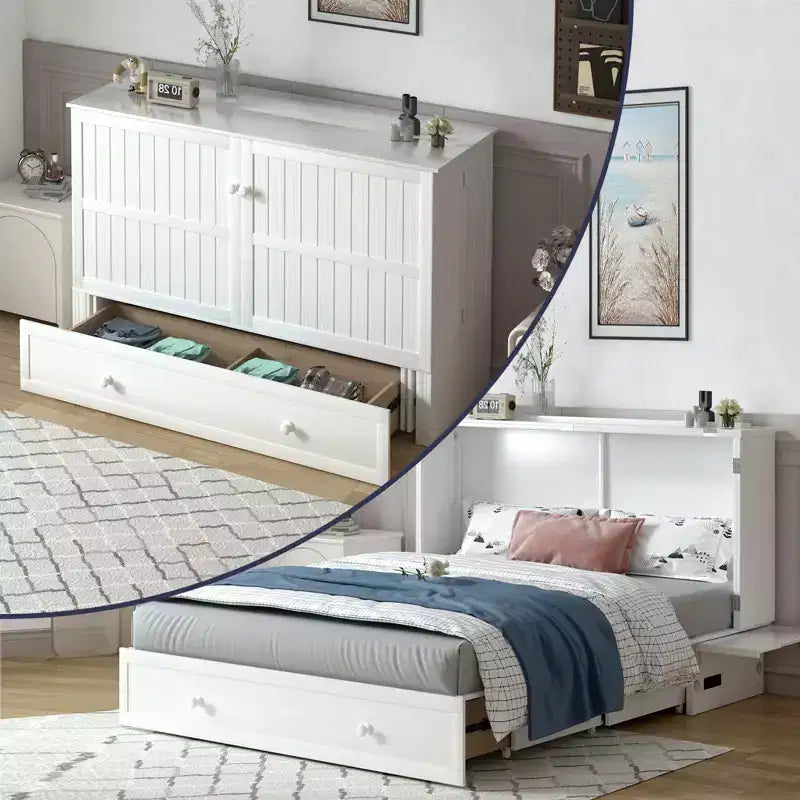 Lit escamotable Mjkone Queen Size avec chargement USB, tiroir de rangement et matelas