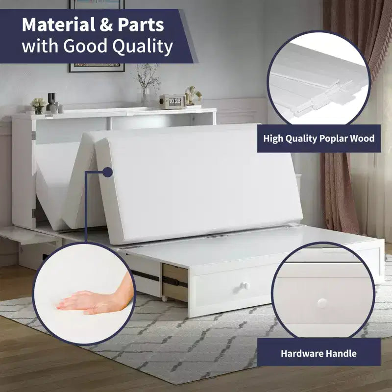 Lit escamotable Mjkone Queen Size avec chargement USB, tiroir de rangement et matelas