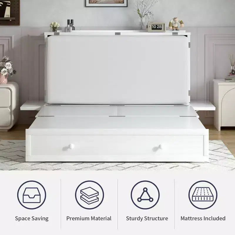 Lit escamotable Mjkone Queen Size avec chargement USB, tiroir de rangement et matelas