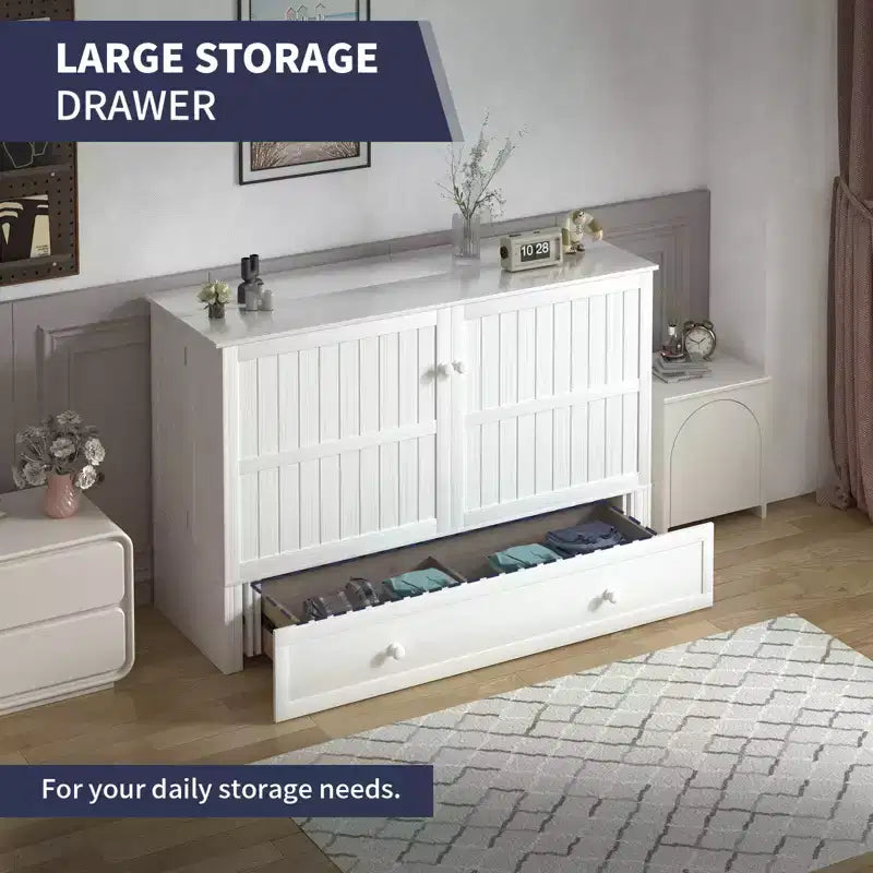 Lit escamotable Mjkone Queen Size avec chargement USB, tiroir de rangement et matelas