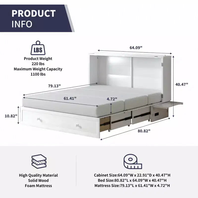 Lit escamotable Mjkone Queen Size avec chargement USB, tiroir de rangement et matelas