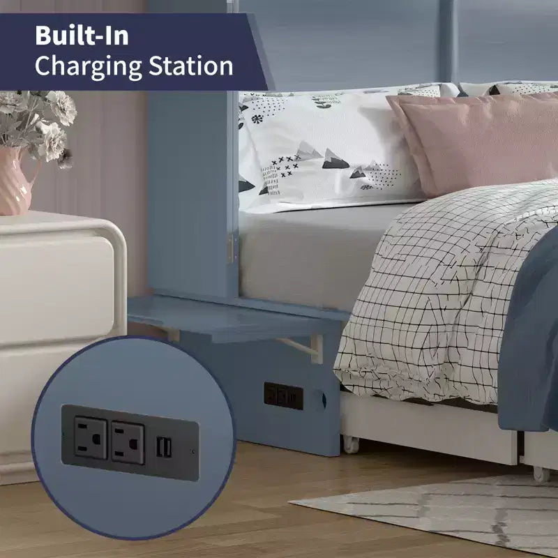 Lit escamotable Mjkone Queen Size avec chargement USB, tiroir de rangement et matelas