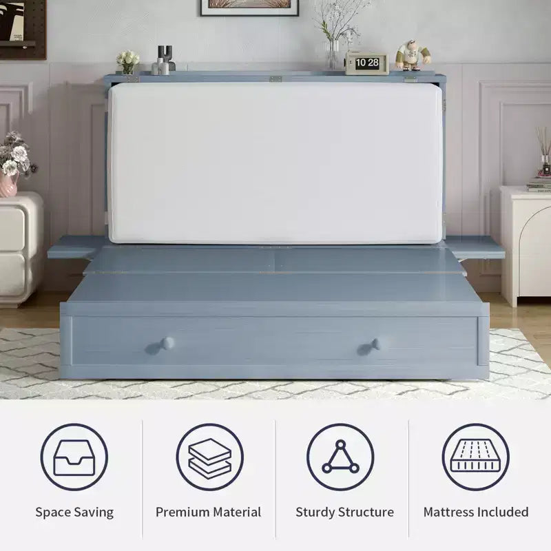Lit escamotable Mjkone Queen Size avec chargement USB, tiroir de rangement et matelas