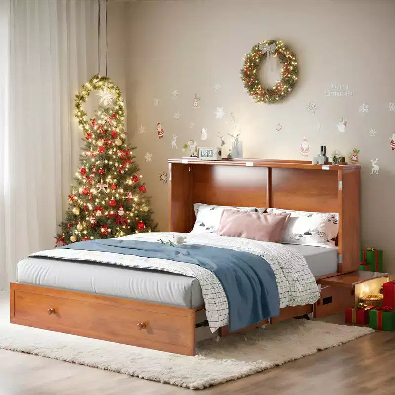 Lit escamotable Mjkone Queen Size avec chargement USB, tiroir de rangement et matelas