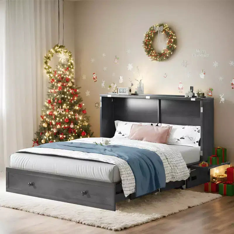 Lit escamotable Mjkone Queen Size avec chargement USB, tiroir de rangement et matelas
