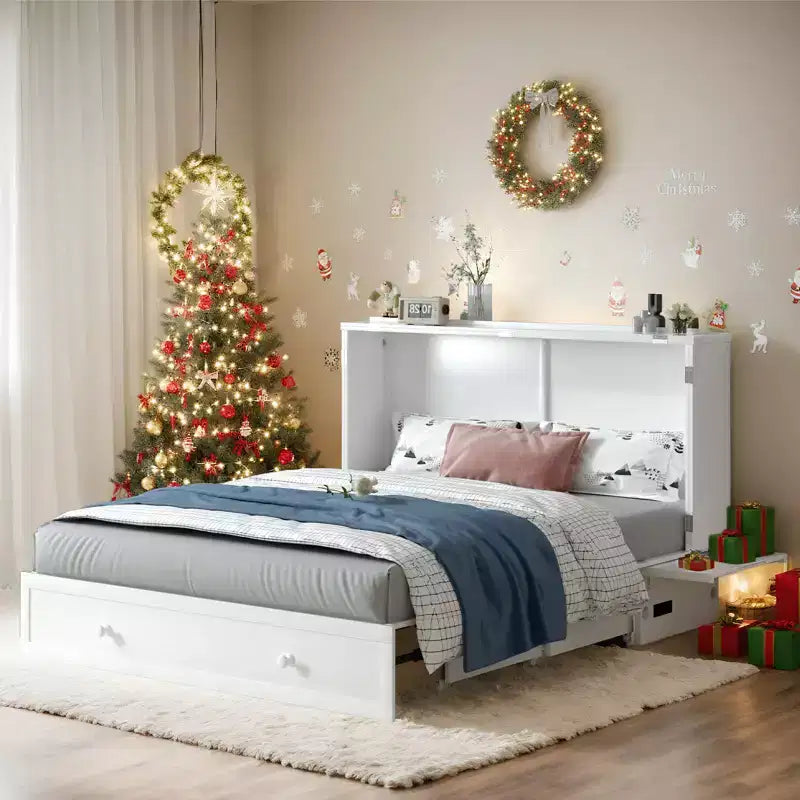 Lit escamotable Mjkone Queen Size avec chargement USB, tiroir de rangement et matelas