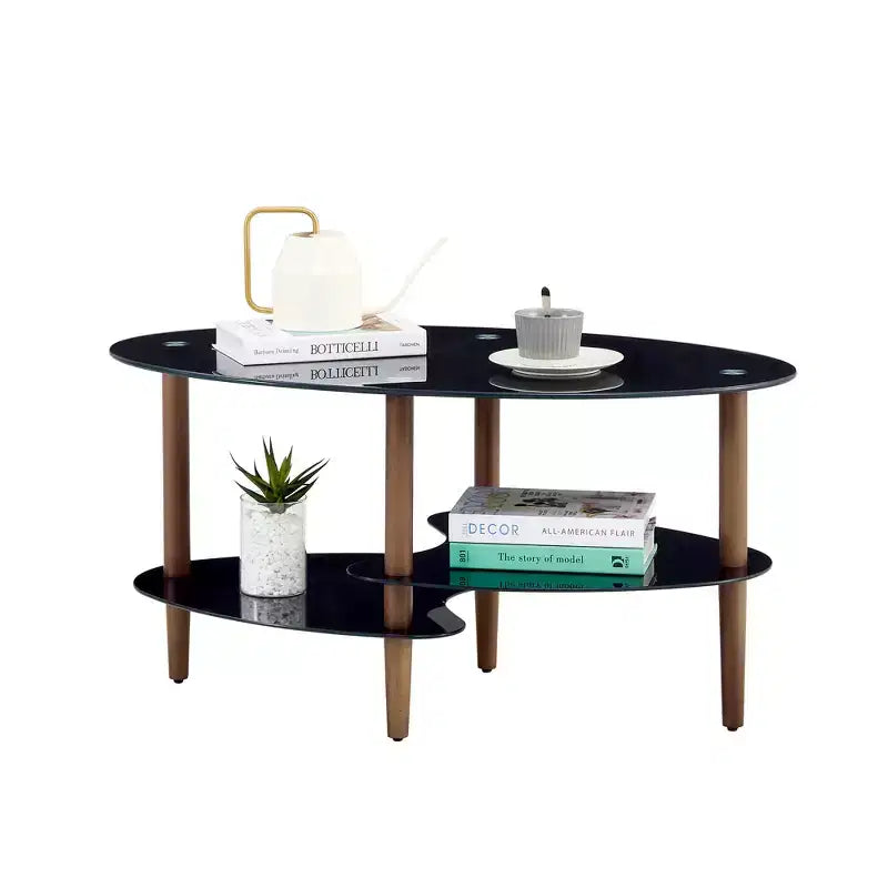 Table basse en verre Table basse ovale Table basse de salon moderne Table d'appoint avec plateau transparent/noir-ModernLuxe