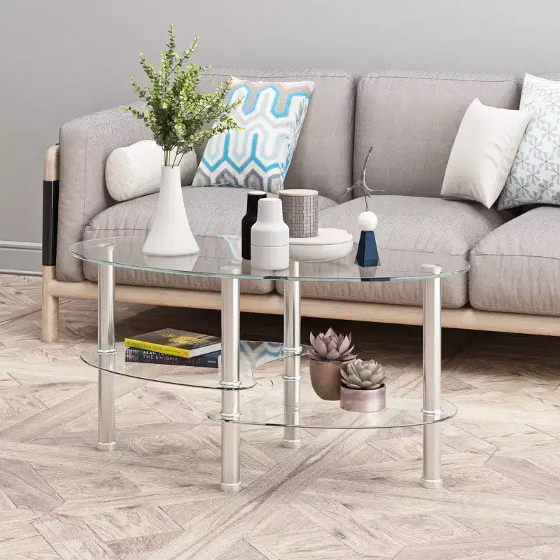 Table basse en verre Table basse ovale Table basse de salon moderne Table d'appoint avec plateau transparent/noir-ModernLuxe