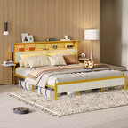 Bestier King Size Platform Bed Frame with Wood Foldable Bedside Shelves and LED Storage Headboard Charge Station