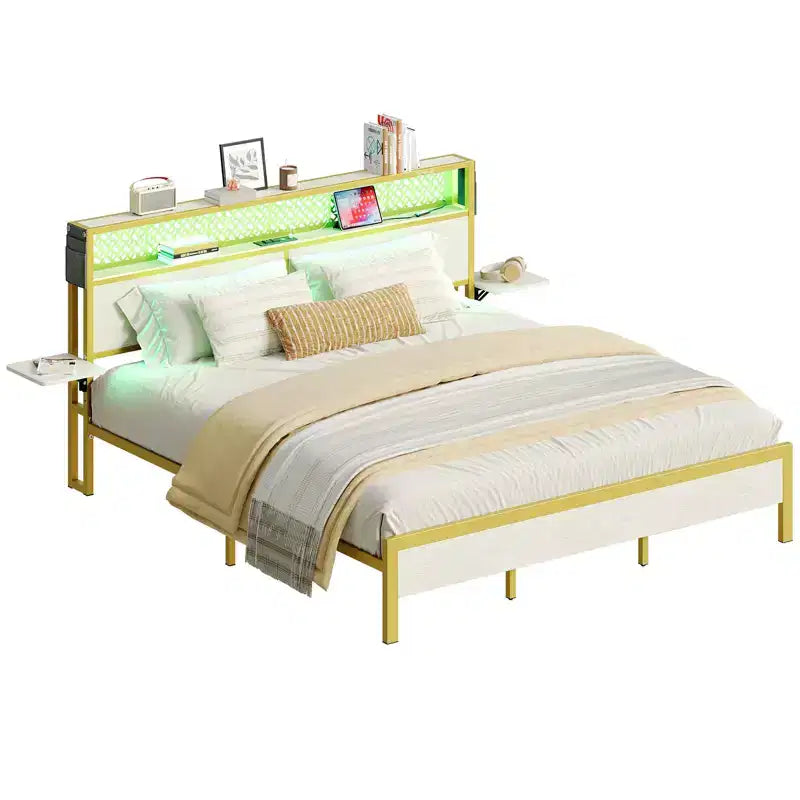 Cadre de lit plateforme King Size Bestier avec étagères de chevet pliables en bois et tête de lit de rangement LED avec station de charge