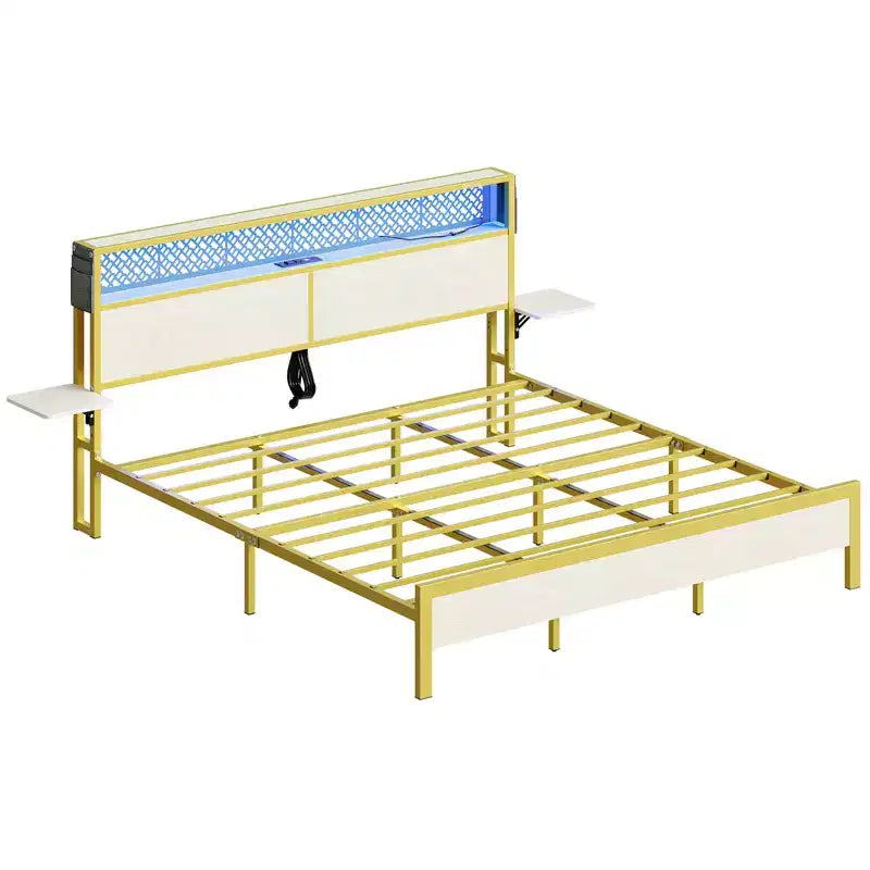 Cadre de lit plateforme King Size Bestier avec étagères de chevet pliables en bois et tête de lit de rangement LED avec station de charge