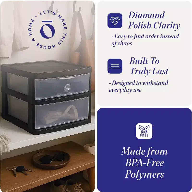 Chariot de rangement Homz, lot de 2, meuble à 2 tiroirs en plastique, idéal pour l'organisation de la maison et du bureau, cadre noir avec tiroirs transparents