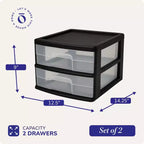 Chariot de rangement Homz, lot de 2, meuble à 2 tiroirs en plastique, idéal pour l'organisation de la maison et du bureau, cadre noir avec tiroirs transparents
