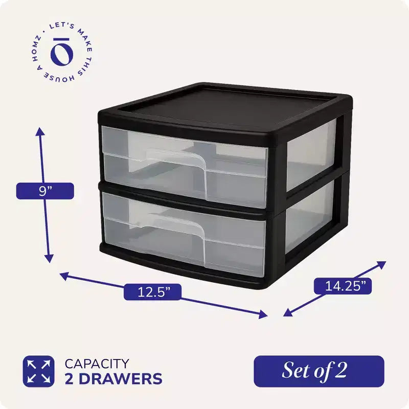 Chariot de rangement Homz, lot de 2, meuble à 2 tiroirs en plastique, idéal pour l'organisation de la maison et du bureau, cadre noir avec tiroirs transparents
