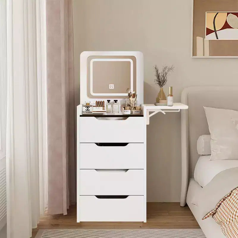 Okak Vanity Table and Chair Set with Mirror, 3 in 1 Vanity Desk with Plip Top Mirror, Small Make Up Vanity Set with Visible Glass Desktop
