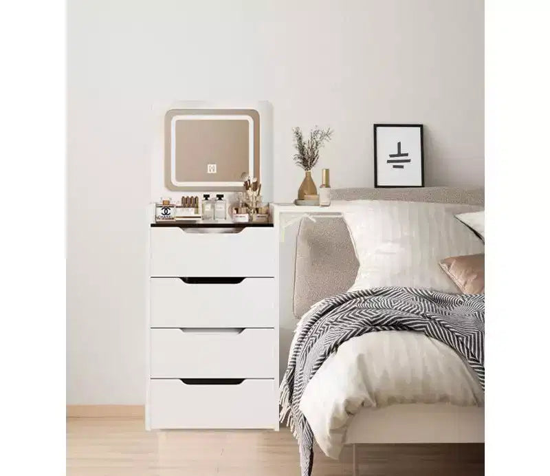 Coiffeuse et tabouret Okak avec miroir, coiffeuse 3-en-1 avec miroir basculant, petite coiffeuse avec plateau en verre visible