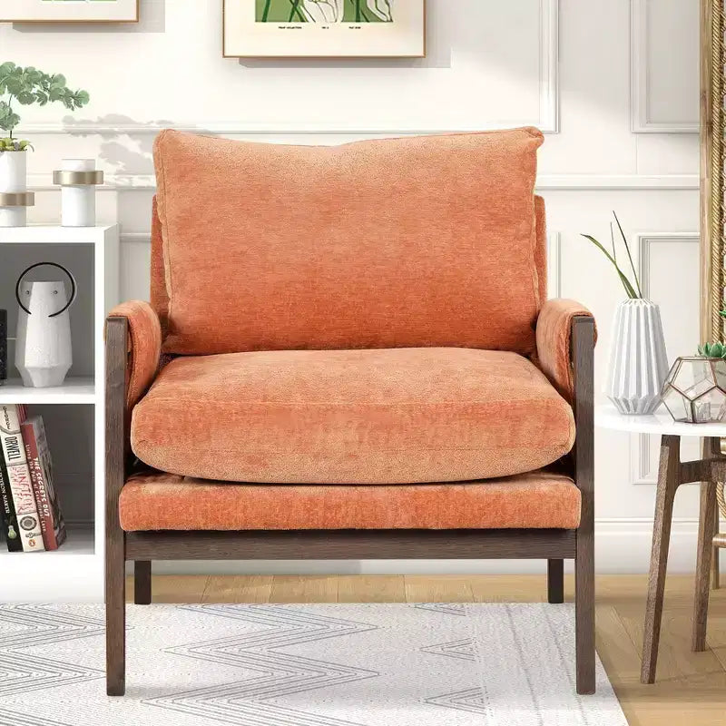 Fauteuil d'appoint en velours Okak Mid-Century Modern, fauteuil moelleux avec cadre en bois d'hévéa massif pour salon, chambre, bureau