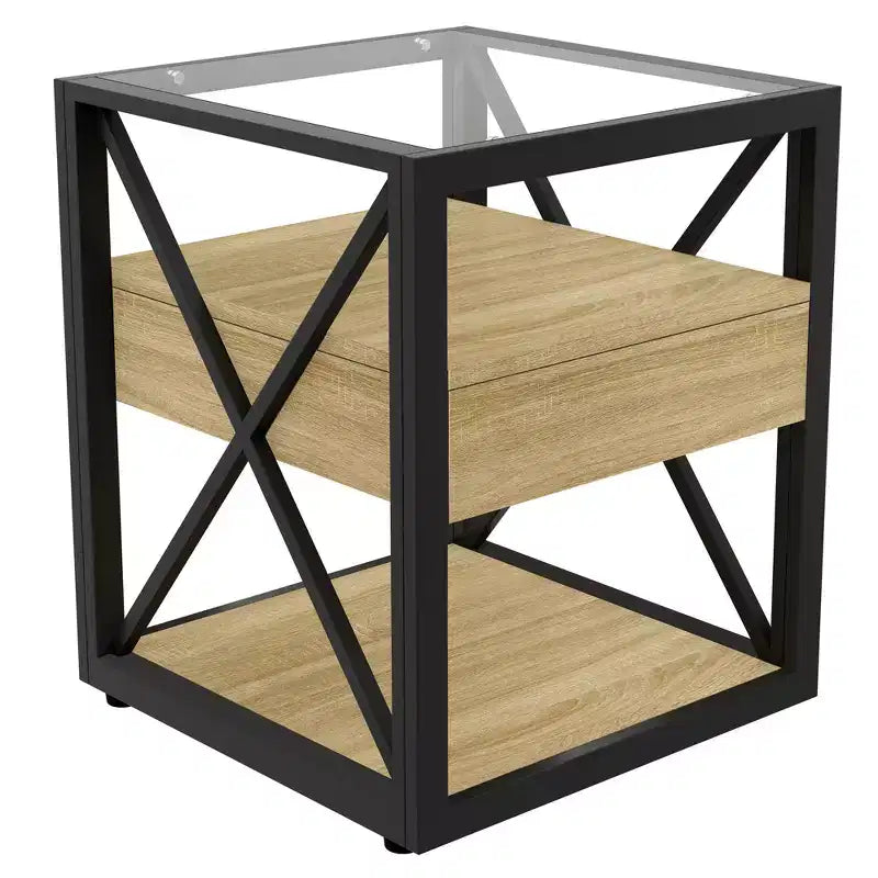 Lot de 2 tables de chevet avec tiroir et plateau en verre trempé, table d'appoint industrielle - Modernluxe