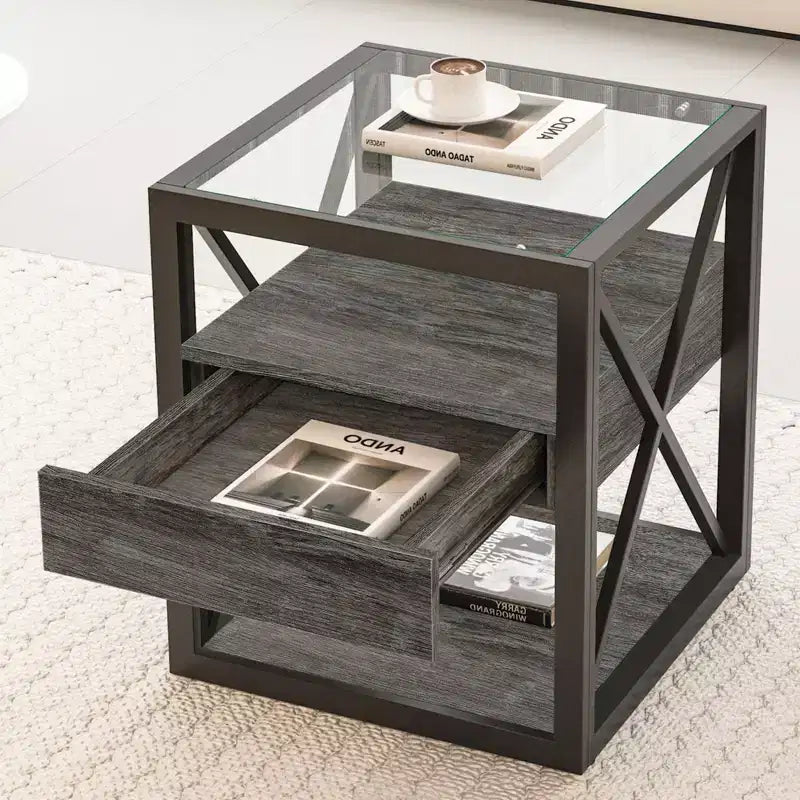 Lot de 2 tables de chevet avec tiroir et plateau en verre trempé, table d'appoint industrielle - Modernluxe